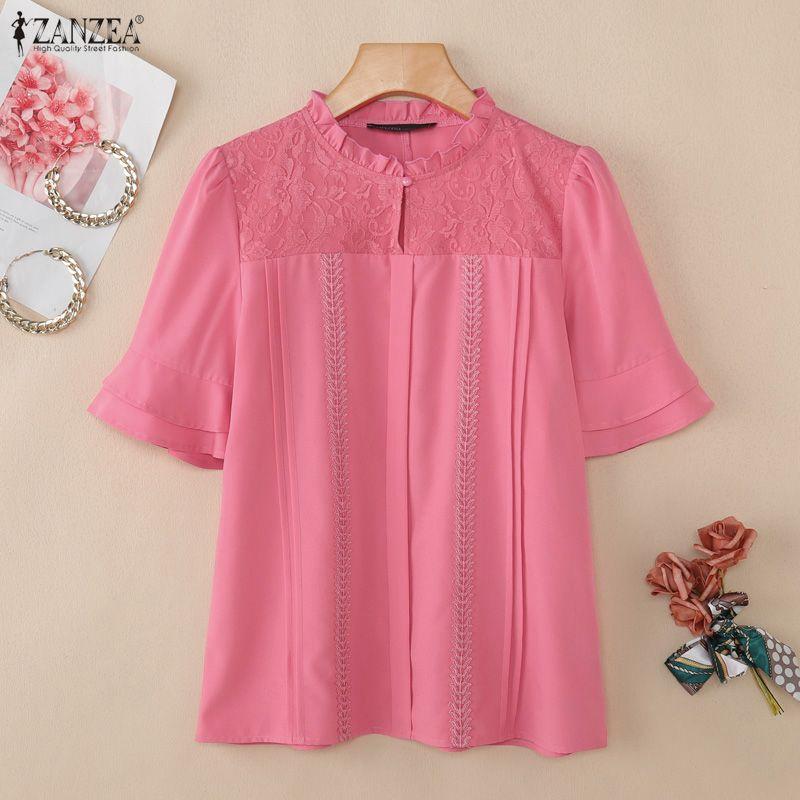 ZANZEA Women Casual Lace Patchwork Round Neck 3/4 Sleeve Loose Blouse