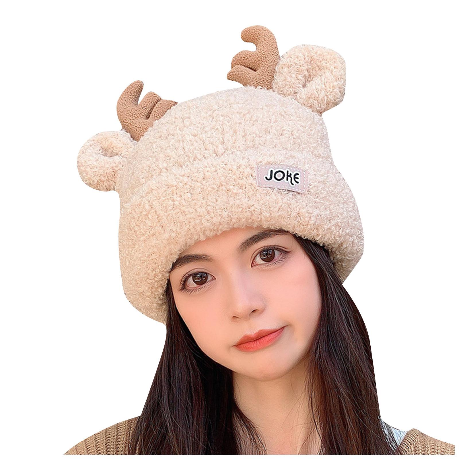 

Зимова Різдвяна Шапка з Оленячими Рогами, В язана з Вовни, Жіноча Зимова Корейська Універсальна Японська Мила Тепла Шапка Модна One Size бежевий