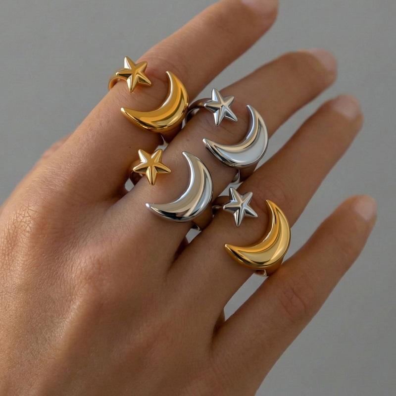 Stainless Steel Gold Color Star Moon Open Rings For Women Minimalist Metal Two Tone Adjustable Finger Ring Jewelry Party Gift