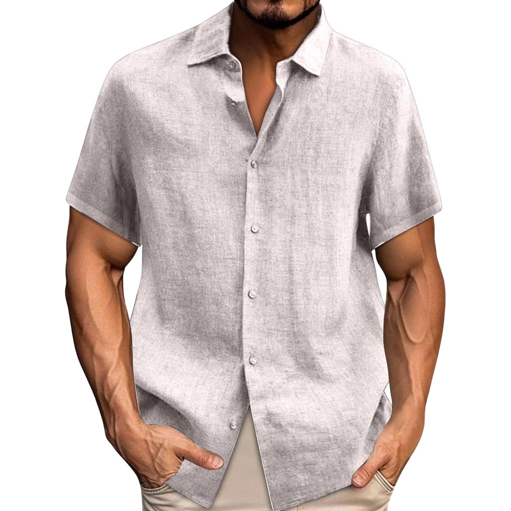 Spring Summer Men's Casual Cotton Linen Color Short Sleeve Shirts Loose Shirts