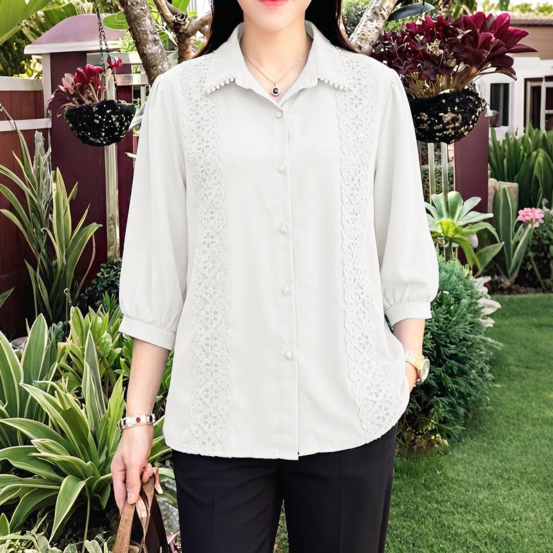 ZANZEA Women Casual Turn Down Collar 3/4 Sleeve Lace Splice Blouse
