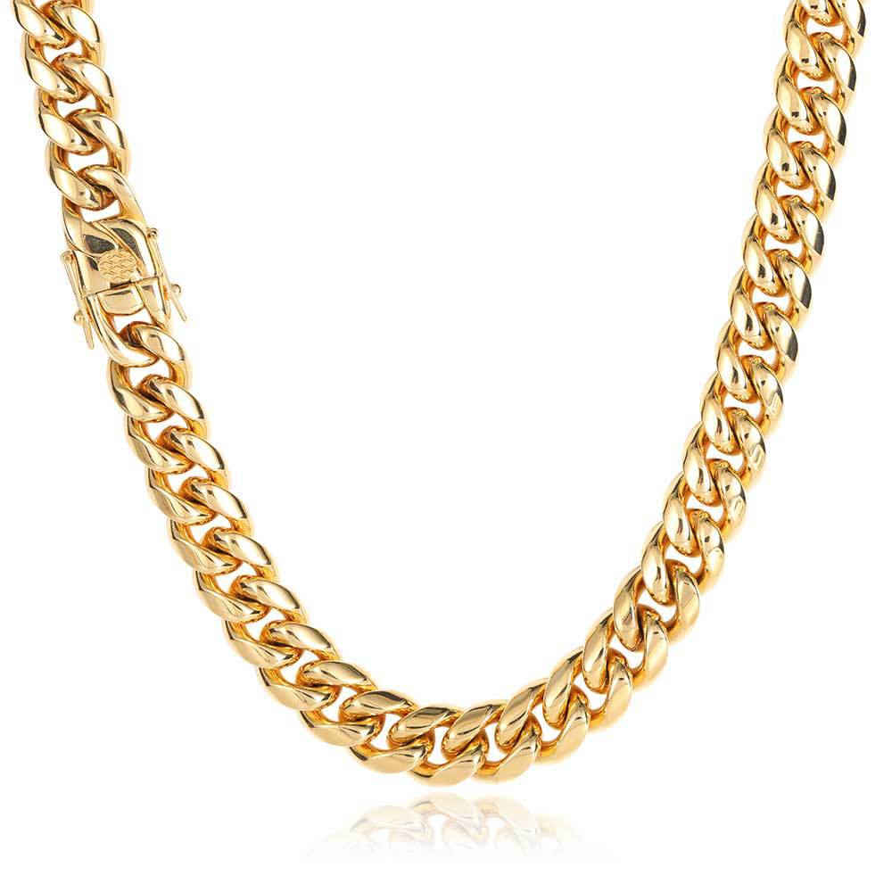 12MM 18k Gold Plated Lobster Buckle Stainless Steel Necklace Hip Hop Jewelry Men Miami Cuban Link Chain