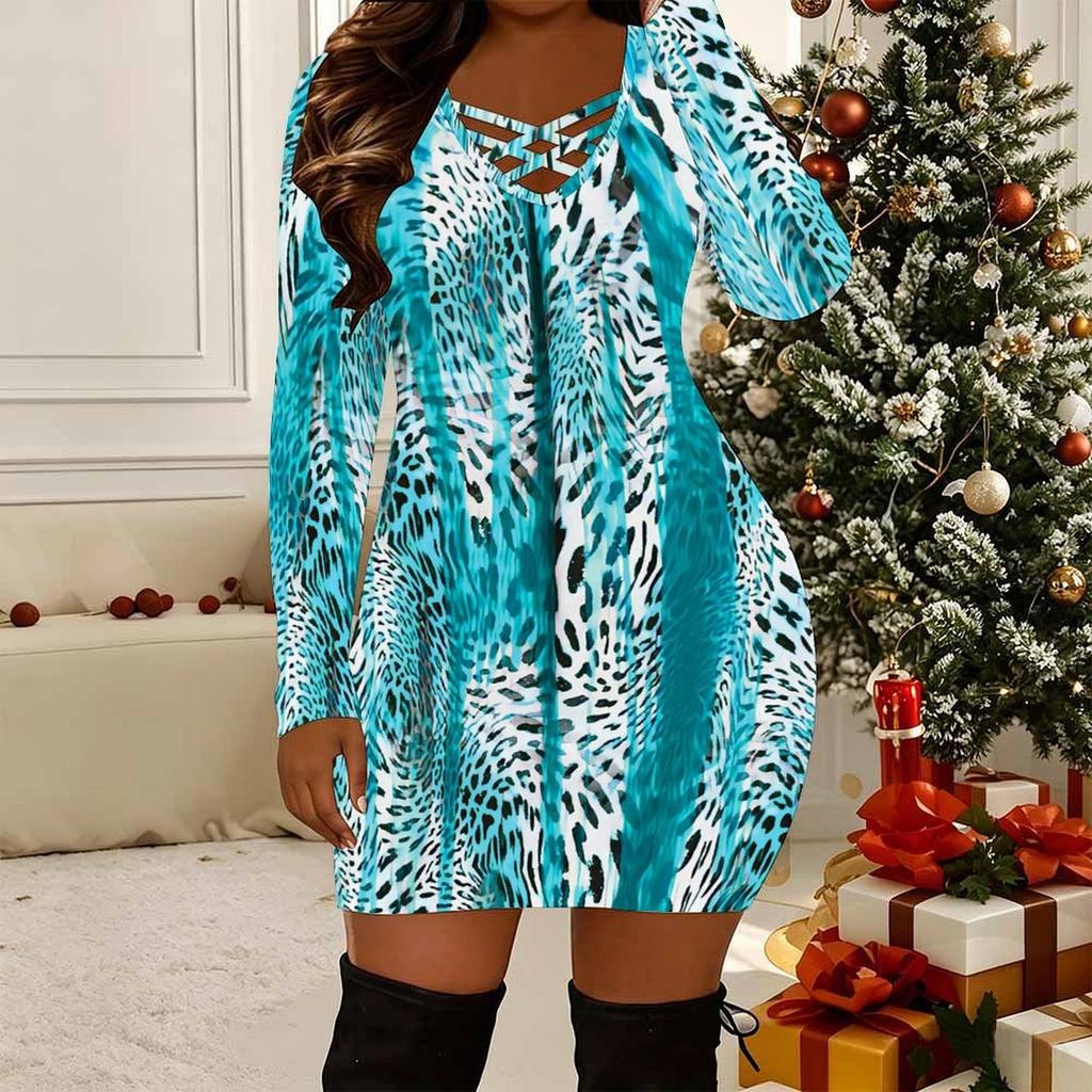 Women Plus Size Long Sleeve V Neck Crisscross Hollow Bodycon Mini Party Club Dress