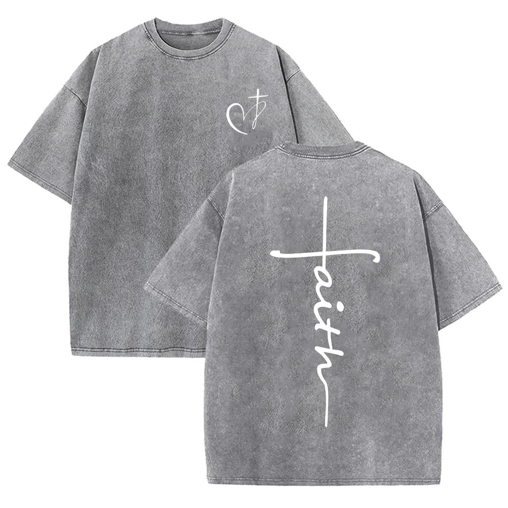 2026 Vintage Acid Wash Black Minimal Faith Script Graphic T Shirt Heart Cross Line Print Oversized Unisex Casual Short Sleeve Te