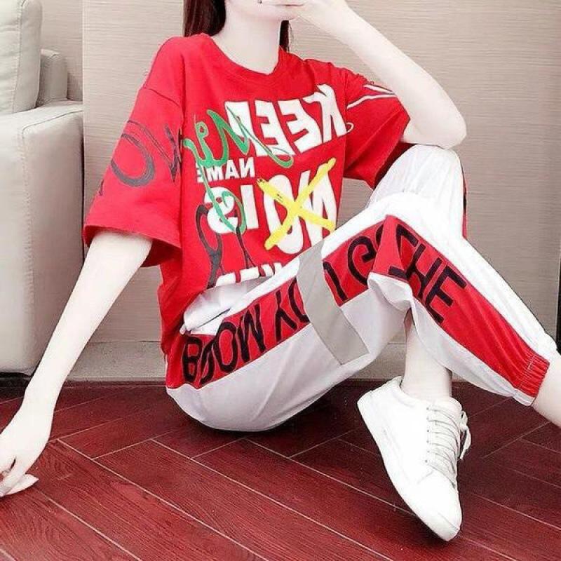 Sports Suit for Women, Summer Loose Korean Style Casual Sportswear, Stylish Slimming Pants Two-piece Set