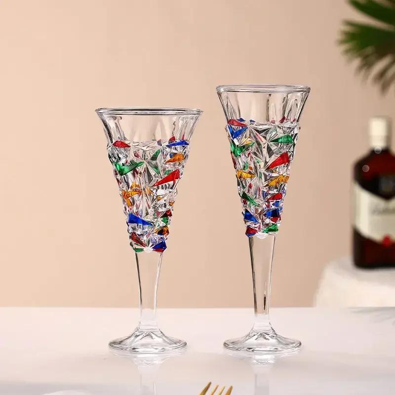 1/2pcs Hand Drawn Diamond Carved Crystal Glass Cup Rainbow Diamond Gloss Champagne Cup Thickened Design Red Wine Tall Glasses