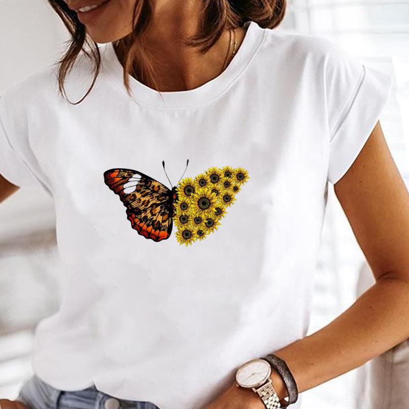 (Europäische Größe) Schmetterling T-Shirt Oberteil Aquarell Süß O-Ausschnitt Kleidung Mode T-Shirt Lässig Kurzarm Damen Druck Dame Weiblich Grafik T-Shirt