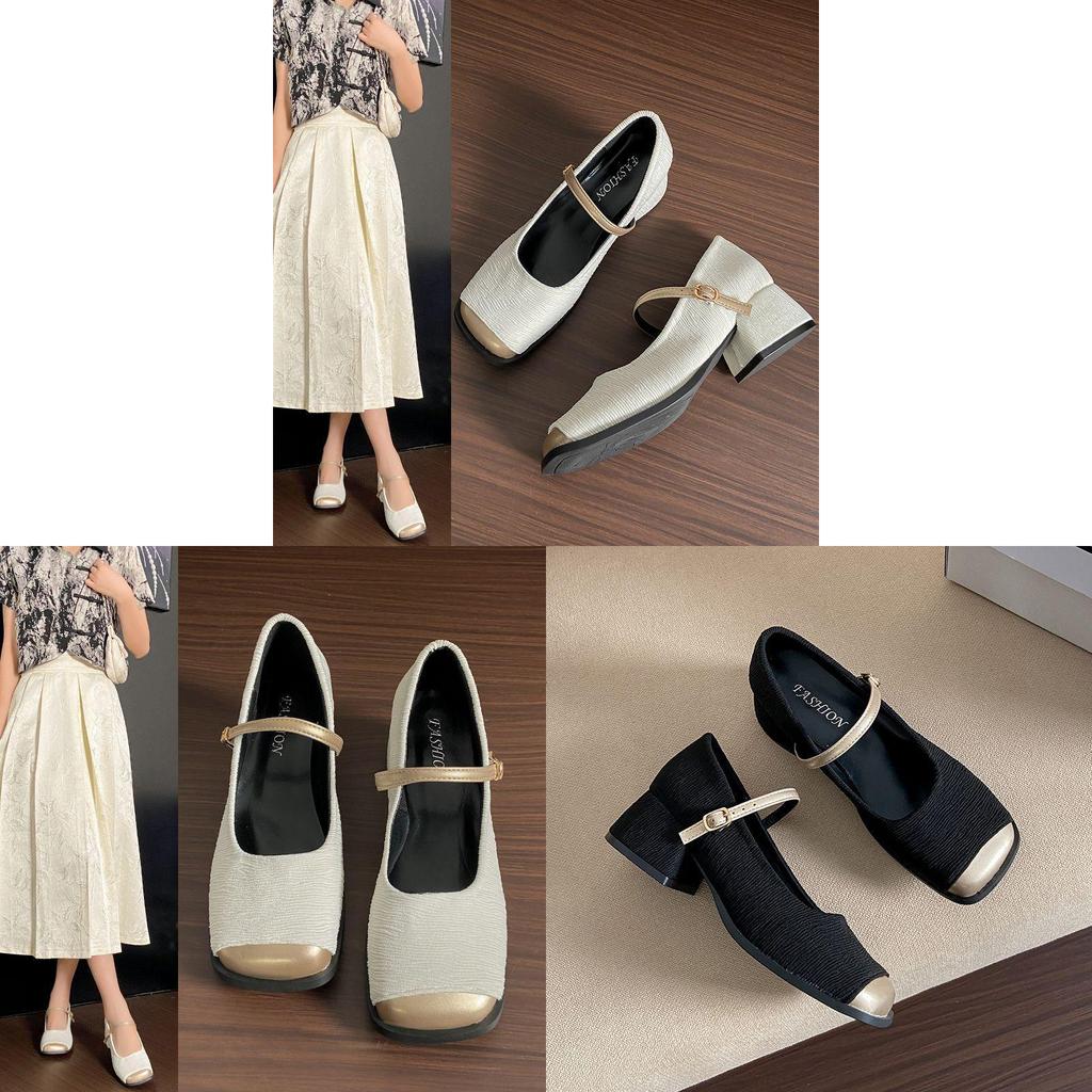 Zapatos Mary Jane Estilo Francés con Punta Abierta y Tacón Grueso para Mujer Ropa Casual de Primavera
