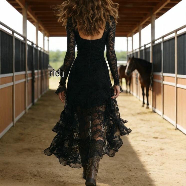 2026 Women's Fashion: High Waist Lace Patchwork Solid Color Long Sleeve Square Neck Dress