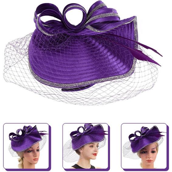 MAGICLULU Women’s Purple Fascinator Hat Headband Cocktail Tea Party Bridal Hairpiece Elegant Linen Mesh Accessory for Special Occasions