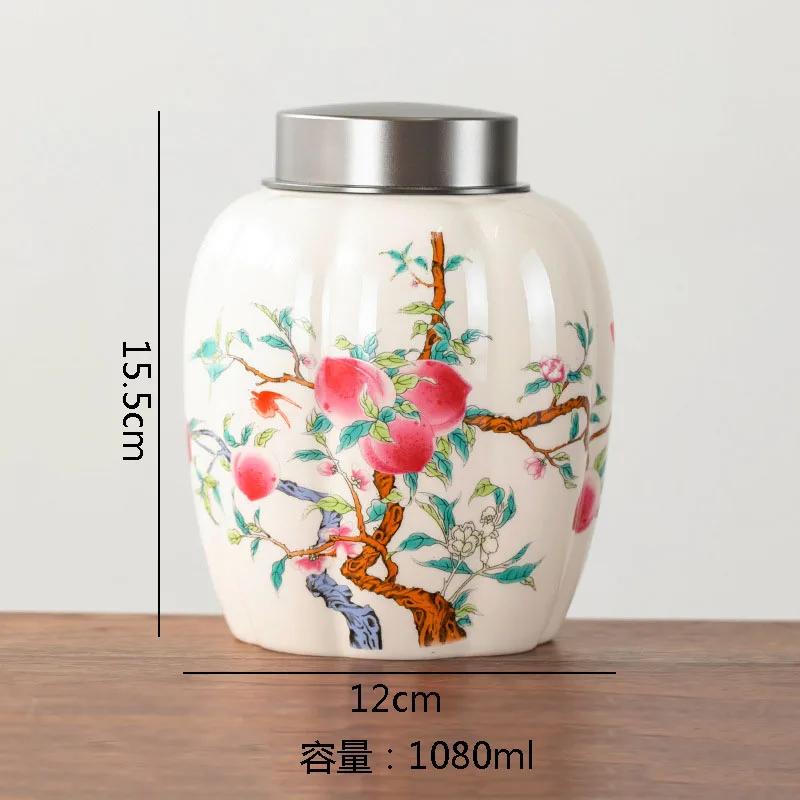 Retro Hand Painted Ceramic Tea Jar Tea Box Alloy Cover Sealed Moisture Proof Jar Tea Canister Candy Jar Household Teas Container