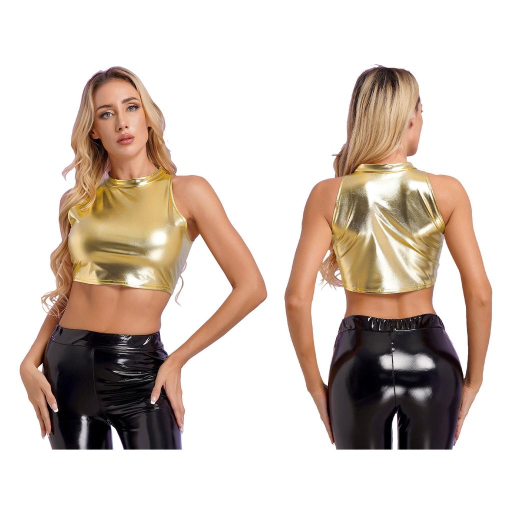 Womens Metallic Shiny Crop Tops Mock Neck Sleeveless Vest Stylish Slim Fitted Tank Top for Dance Nightclub Carnivals