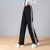 Women's Mid Rise Drawstring Straight Pants Striped Wide Leg Casual Sweatpants Commuter Style Knit Long Trousers With Side Pockets