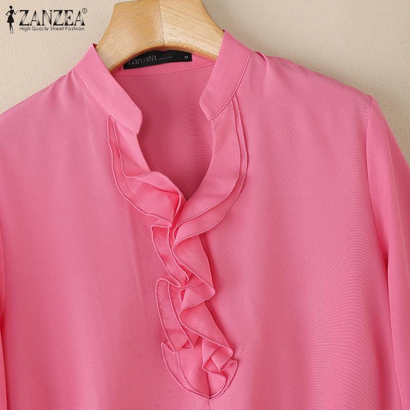 ZANZEA Women Casual Ruffles V-Neck Loose 3/4 Sleeve Blouse
