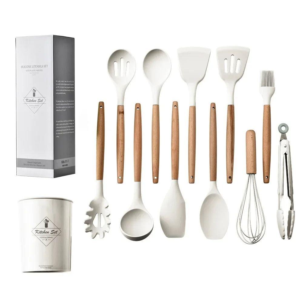12PCS Food Grade Silicone Cookware Set Heat Resistant Ergonomic Kitchen Utensils Wooden Handle BPA-Free Baking Tools Set