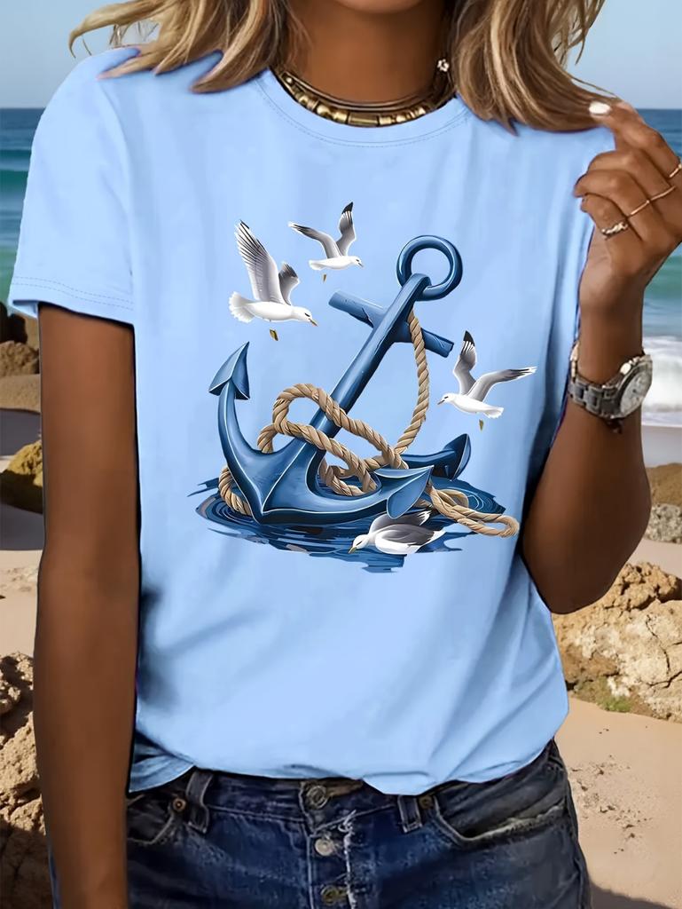 Elegant Women Summer Casual Short-Sleeved Tops Seaside Anchor Graphic Print Daily Outdoor Wear Round Neck Tees Women's Clothing