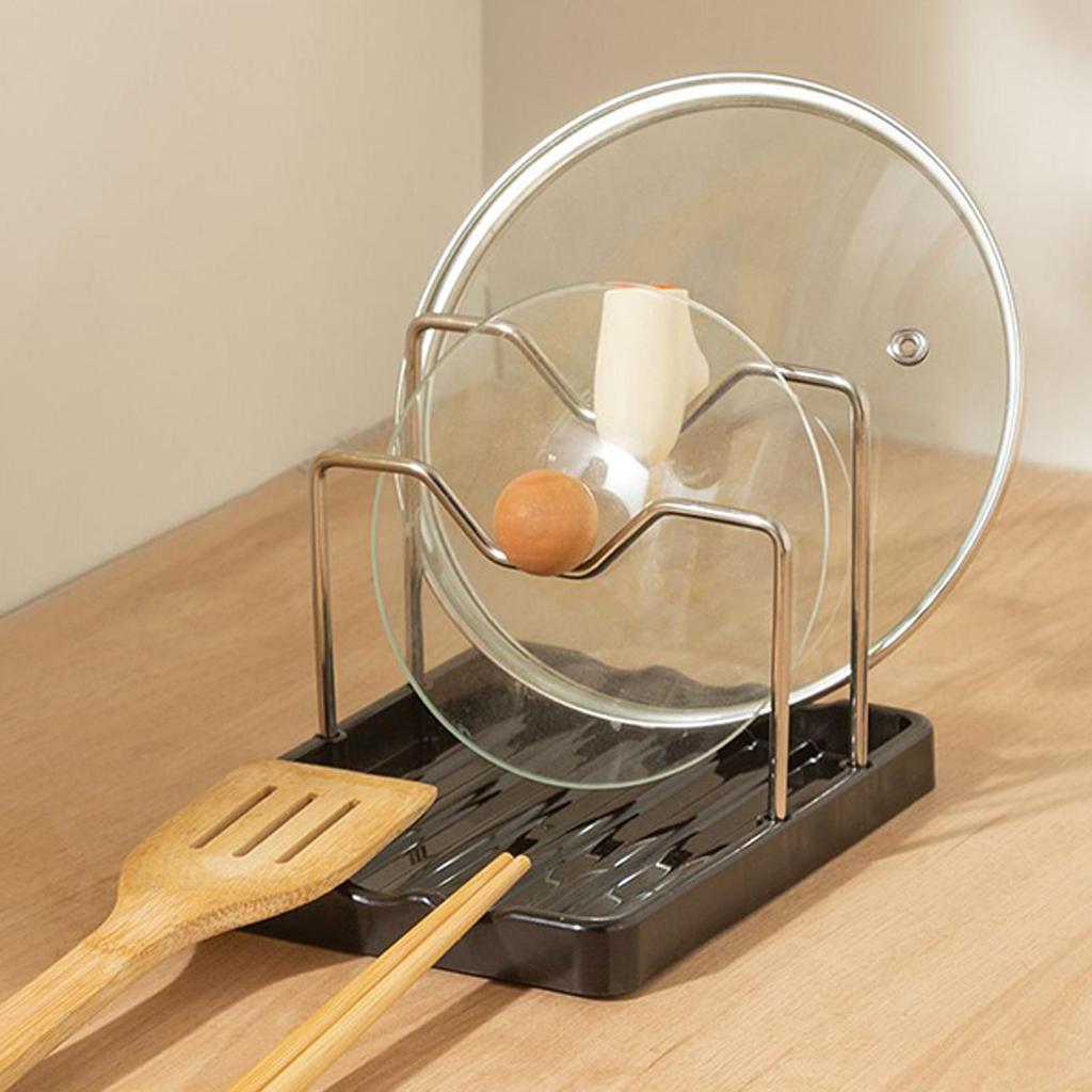 Space-Saving Pot Lid Organizer With Drip Tray Keeps Countertops Dry & Tidy Holds Lids & Spoons Sturdy Stand For Stovetop Cooking