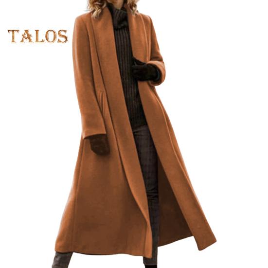 Women Winter Overcoat Open Stitch Turn-down Collar Long Sleeves Windbreaker Loose Cardigan Calf Length Outdoor Woolen Coat
