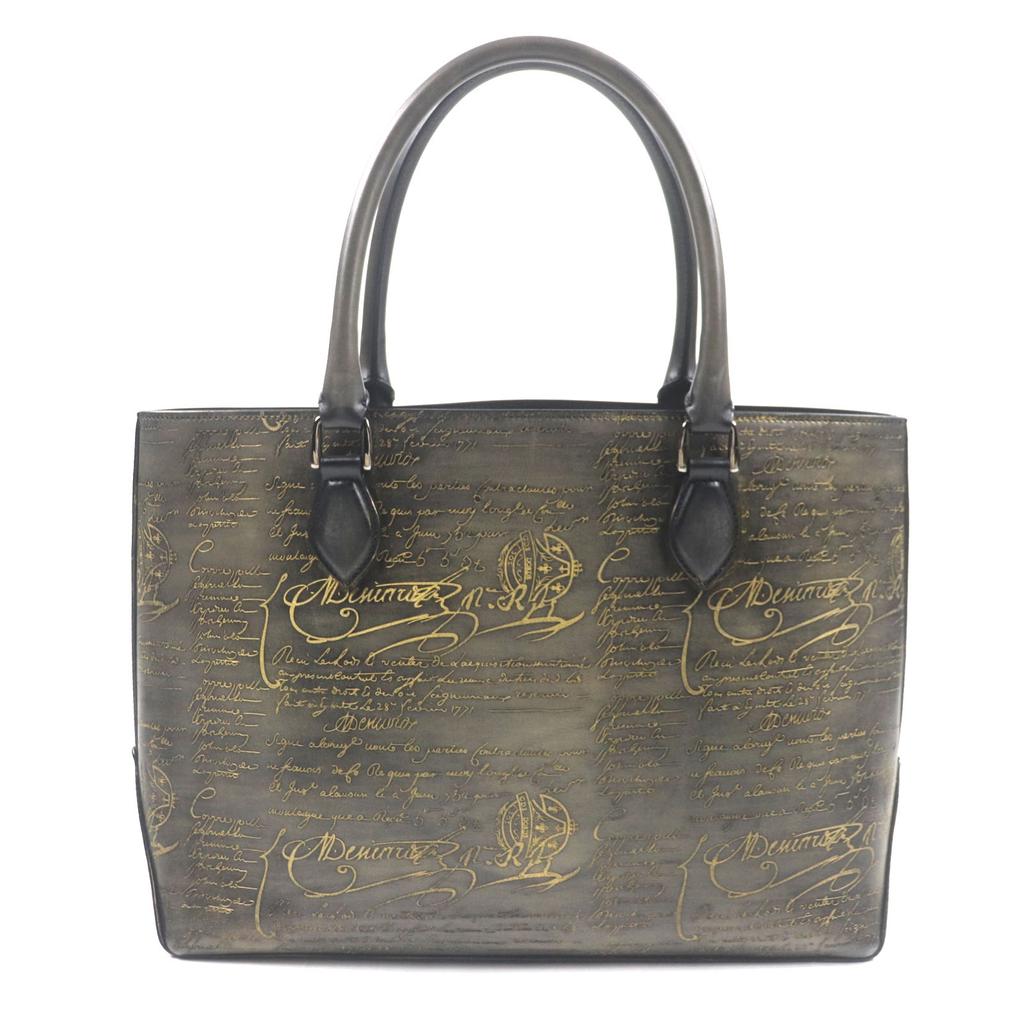 Excelente Bolsa Tote BERLUTI To joule Caligráfica Pátina Dourada Cinza scritto Usada
