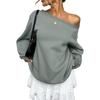 Women's Off Shoulder Long Sleeve Sweatshirt Loose Fit Casual Solid Color Pullover Top