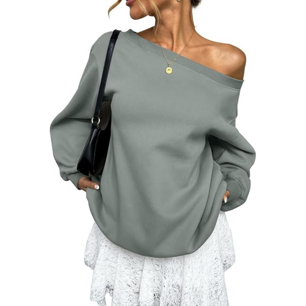 Women's Off Shoulder Long Sleeve Sweatshirt Loose Fit Casual Solid Color Pullover Top