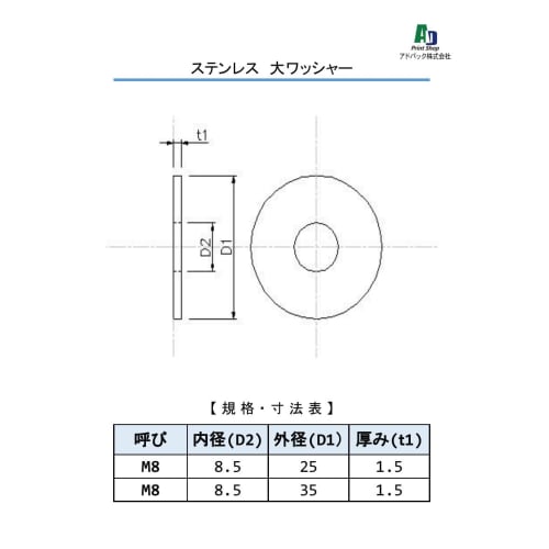Adpack [Made In Japan] Stainless Steel Large Washers, M8 (8.5mm), 25mm Outer Diameter, 1.5mm Thickness, 20-Pack