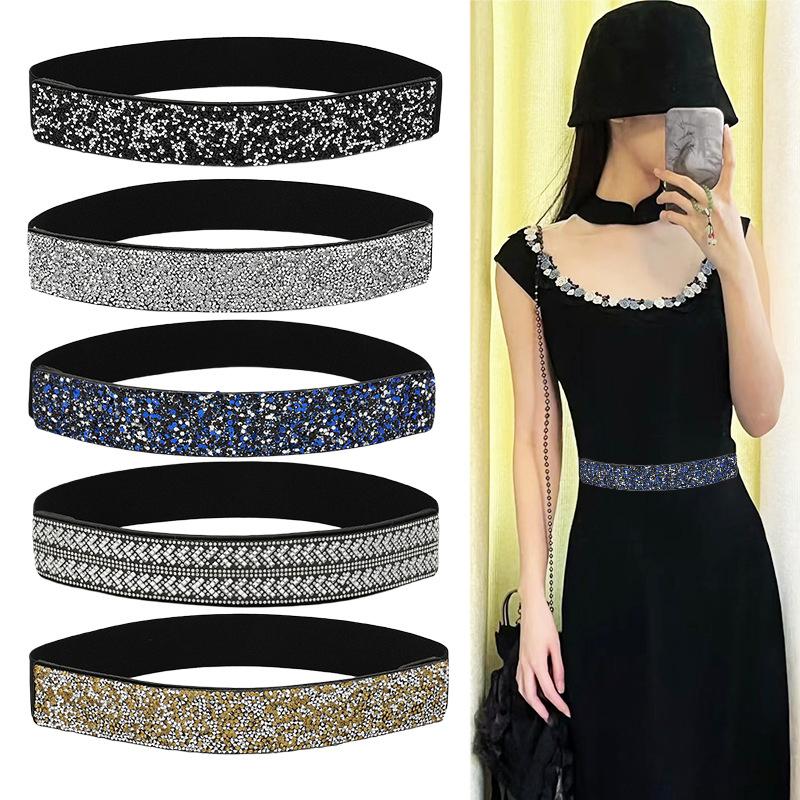 1Pc Full Diamante Wide Women's Ladies Dress Imitation Leather Stretch Waistband Rhinestone Belt