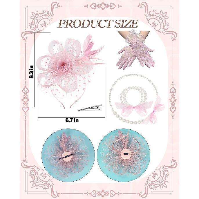 Girls Tea Party Fascinators Hats Lace Gloves Pearl Necklace Set for Wedding 1920s Tea Party Accessories