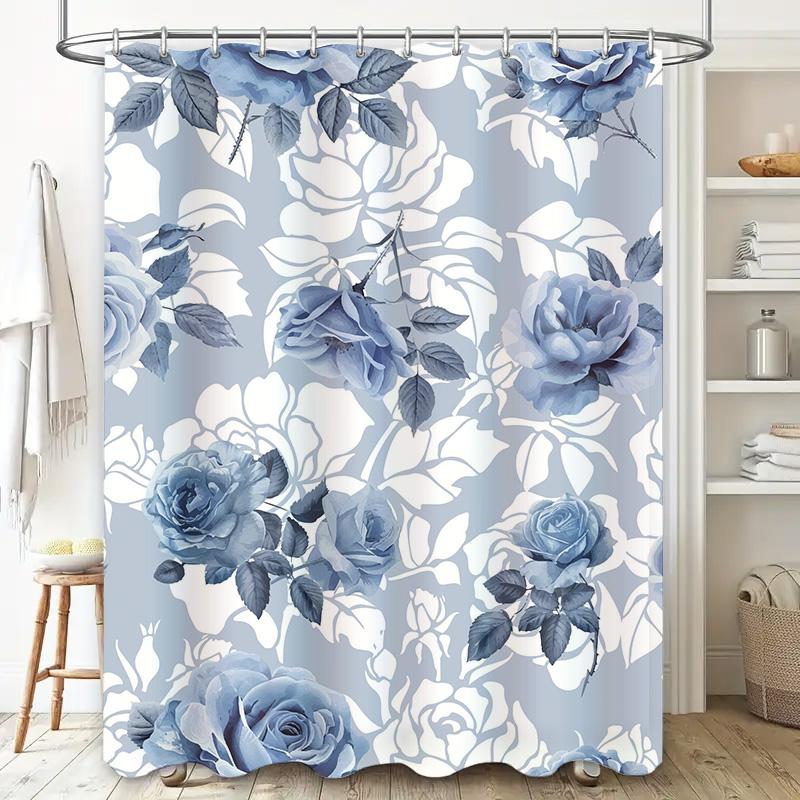 Elegant Floral Print Shower Curtain Blue Roses White Flowers Decorative Fabric Rectangular Size 180x245cm Perfect for Modern Bat