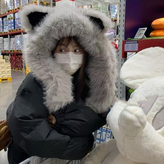 Women Hat Fox Ear Shape Thickened Plush Warm Winter Hat with Scarf Design Outdoor Activities Warm Headwear