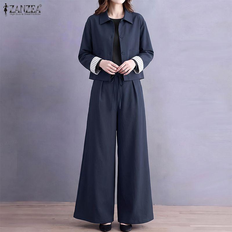 ZANZEA Elegant Women Outfits Lapel Neck Long Sleeve Blouse and Long Trousers Casual Two Piece Cargo Sets