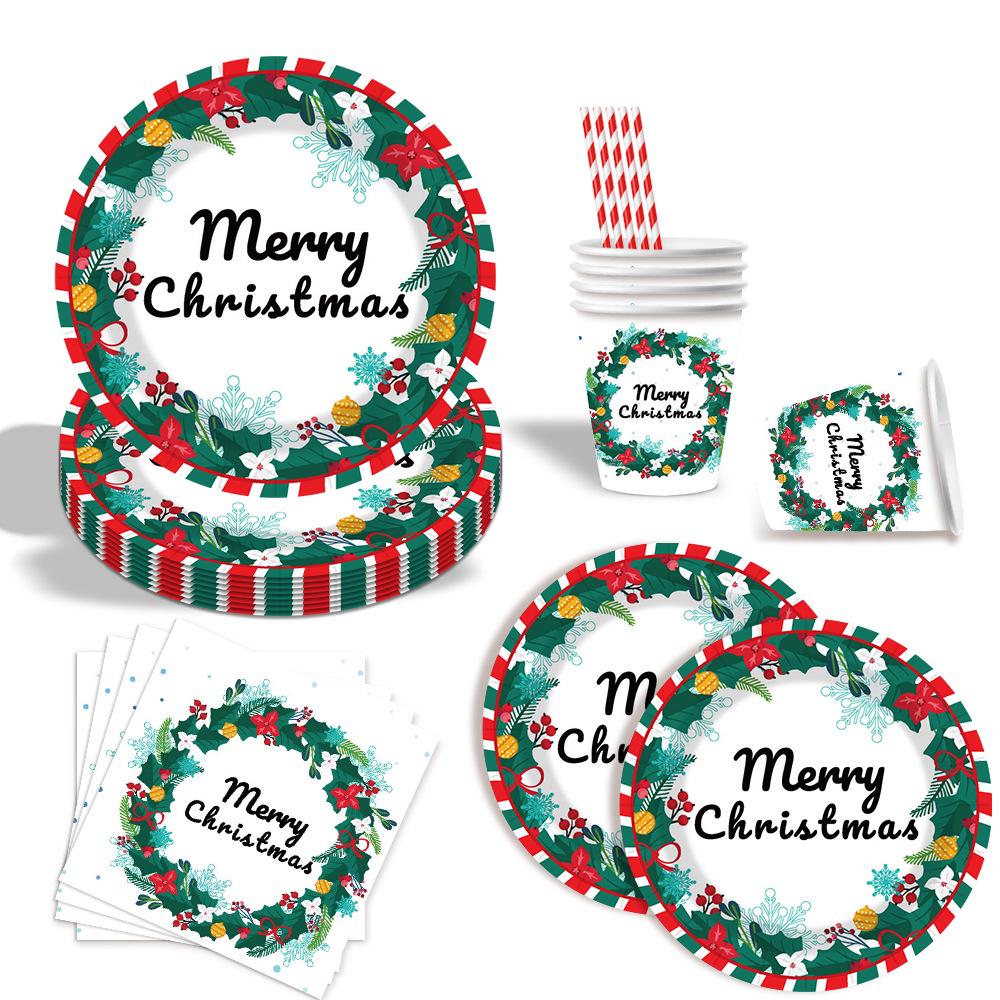 Christmas Party Disposable Tableware Set - Paper Plates, Cups, and Napkins