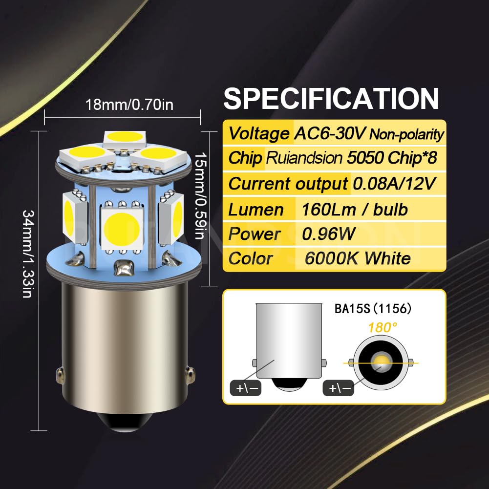 Ruiandsion 2 Pack 1156 P21W BA15S Turn Signal LED Bulb AC 6V-30V 6000K