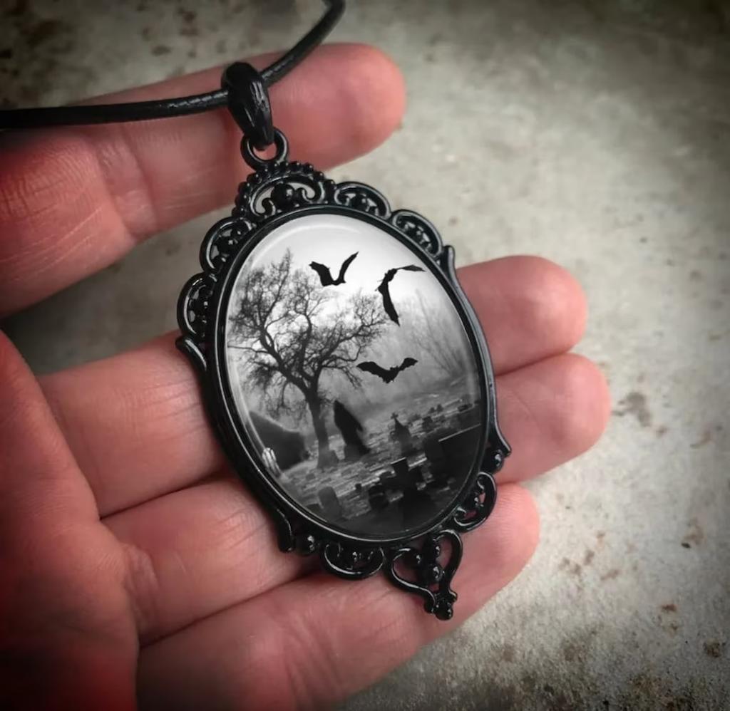 Gothic Bat Cemetery Charm Necklace For Women Man Fashion Witch Jewelry Accessories Gift Cemetery Glass Pendant Rope Chain Choker