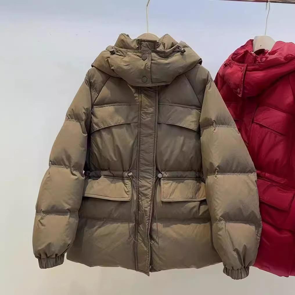 Women's Autumn Winter Down Jacket Short Hooded Single Breasted Loose Adjustable Waist Straight Tube White Duck Down Coat