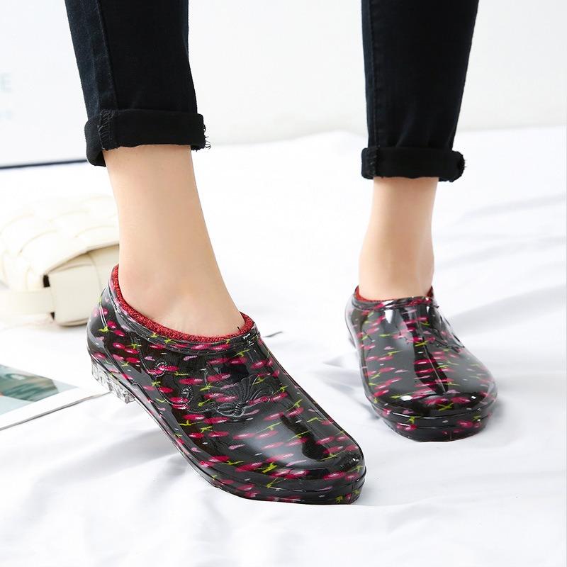 Fashion cotton rain shoes female adult low-top non-slip velvet warm kitchen water shoes women's work rubber shoes overshoes winter