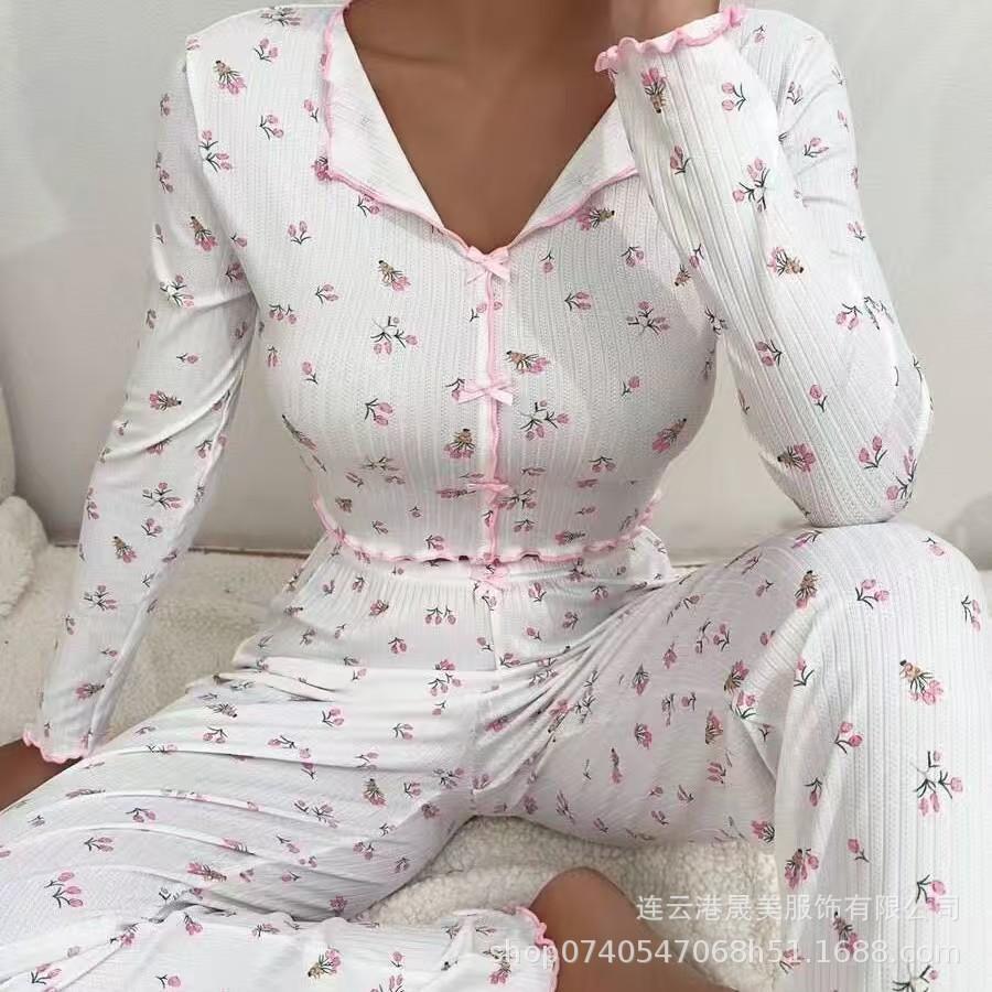 Homewear Casual Flower Printing Trousers Long-sleeved Two-piece Set European and American Can Be Worn Outside Women's Pajamas