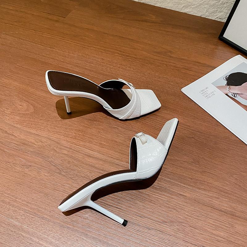 

2025 summer new black crocodile pattern fine heel square head rhinestone high heels one-word buckle belt cool half drag sandals women 40
