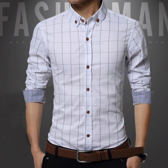 Buy Men Shirt Plaid Turn-down Collar 