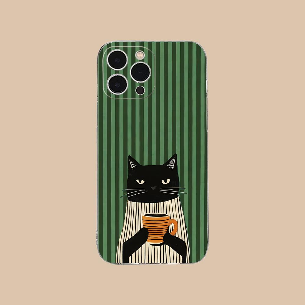 Cute Coffee Cat Clear TPU Mobile Case for iPhone 17 16 15 14 13 12 11 X XR XS Air Pro Max Plus Mini Colorful Cover