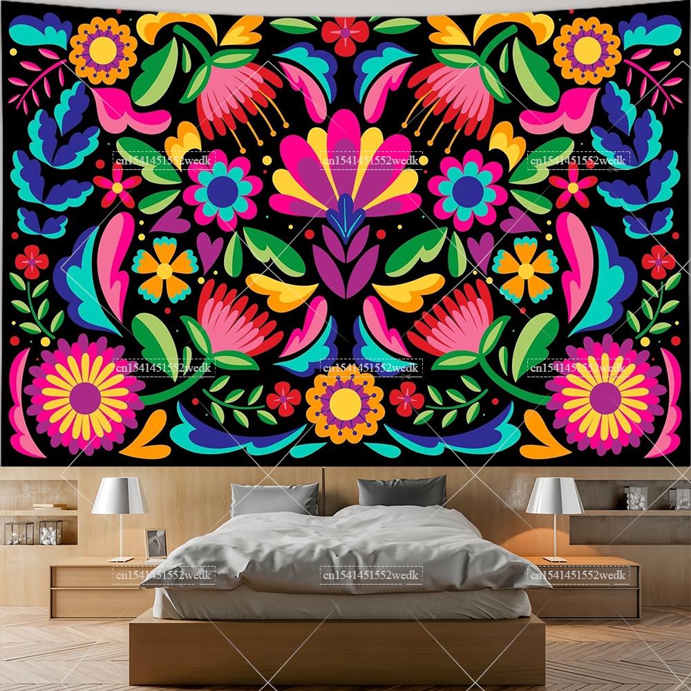Mexiko Blumenteppich Mexikanische Pflanze Blumen Stickerei Ethnisch Otomi Vögel Wandteppiche Ästhetische Raumdeko Illustrationen Hintergrund