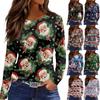 Moda Feminina Casual Bainha Fendida Gola Redonda Manga Longa Solta Estampada Camiseta Blusa Feminina