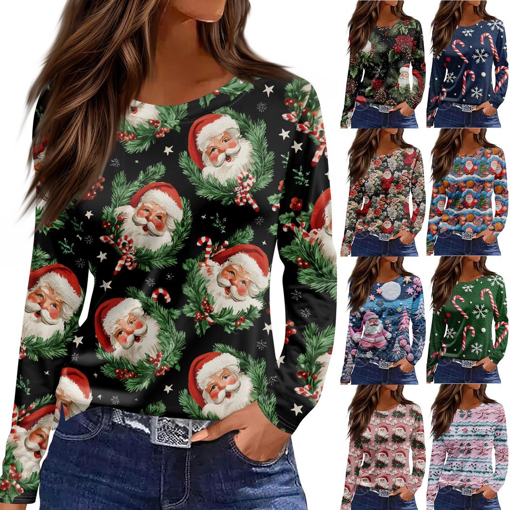 Women's Fashion Casual Slit Hem Round Neck Long Sleeve Loose  Printed T-Shirt Ladies Top
