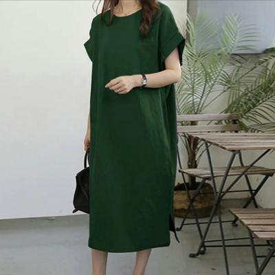 Women Summer Dress Short Sleeves O Neck Loose Straight Side Split Hem Soft Breathable Plus Size Casual Mid-calf Length Commute Travel Midi Dress
