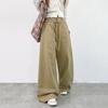 Army Green Cotton Casual Straight-leg Pants Women's New Design High Waist Straps Loose Sports Wide-leg Pants