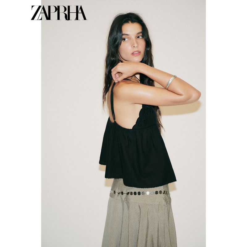 Zaprha 2025 Summer New Gyaru Style Black Flower Heart-Shaped Collar Embroidery Sling Top 0881008