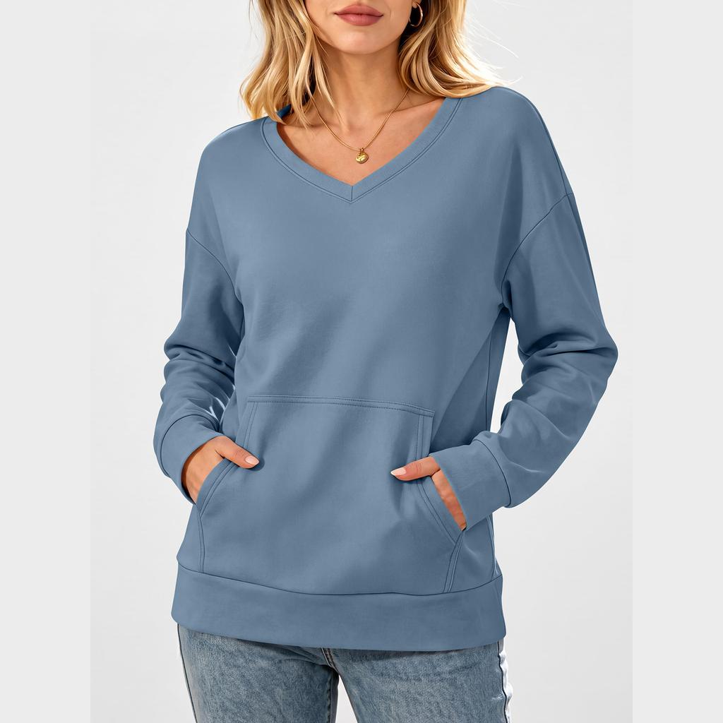 Women's Casual V-Neck Long Sleeve Pullover Sweatshirt with Pockets
