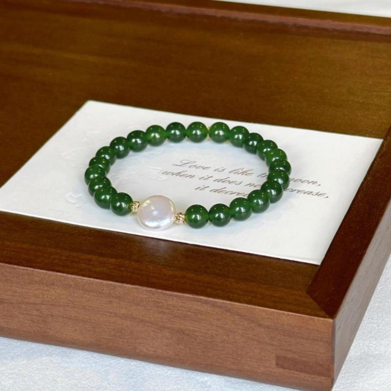 Natural Freshwater Freshwater Pearls & Green Agate Chalcedony Bracelet - Round Button Beads Chinese-Inspired Jewelry Gift