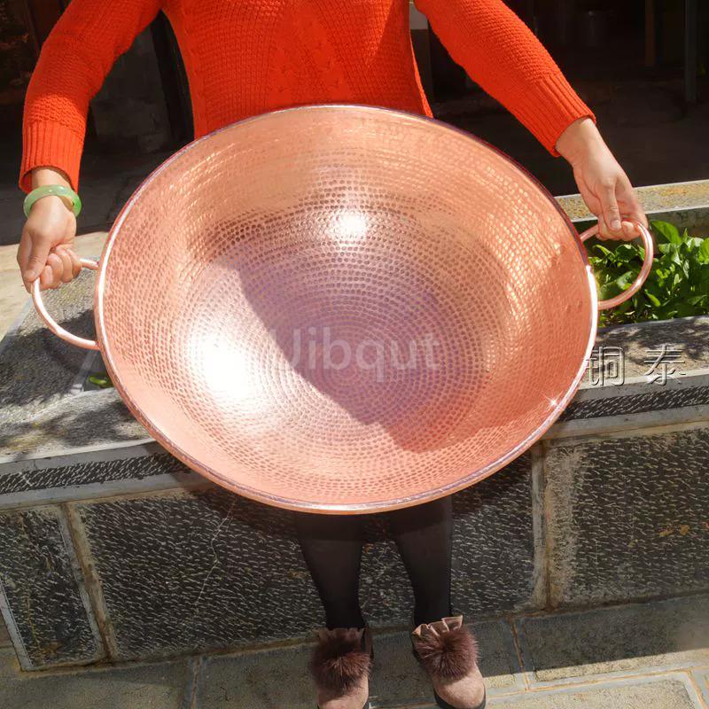 Hand Forged Pure Copper round Wok Pan with Dual Handles Thickened Stir Fry Hot Pot Cookware for Beef Stew Copper Pan cookware