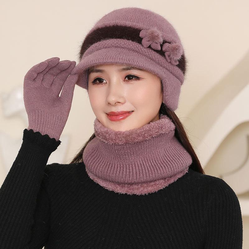 Ladies rabbit fur knitted thermal cap in the elderly grandmother fleece cold wool ear hat fashion mother